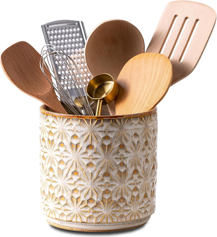 Utensil Holder Rustic Farmhouse Ceramic Utensil Crock for Countertop - 5.3" Handcrafted Kitchen Cooking Utensil Crocks with Cork Base, Natural Finish for Kitchen Tools Storage