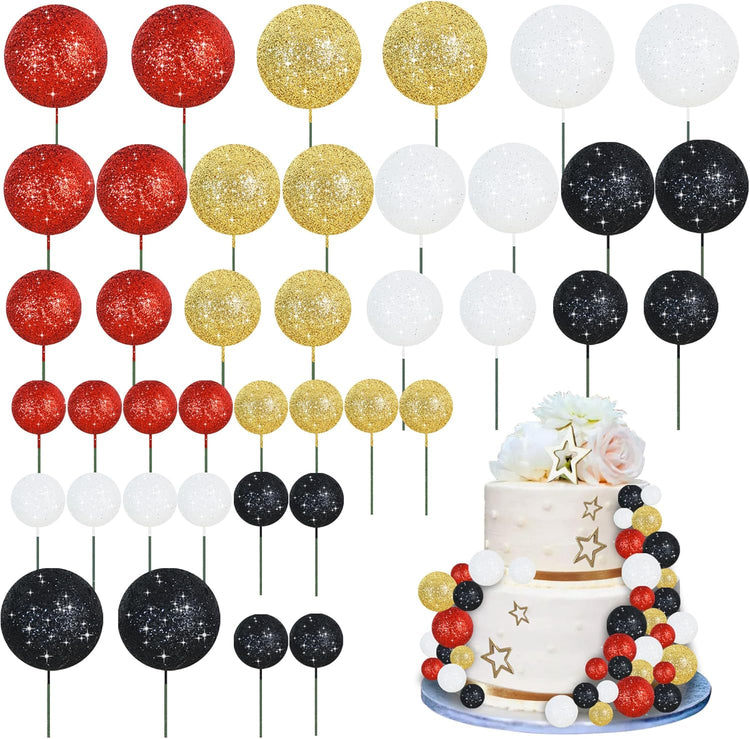 BEISHIDA 40 Pcs Foam Ball Cake Toppers with Sticks Mini Cake Decorations for Birthdays, Weddings, Baby Showers, DIY Baking Supplies, Anniversary Party (Red, Black, White,Gold)