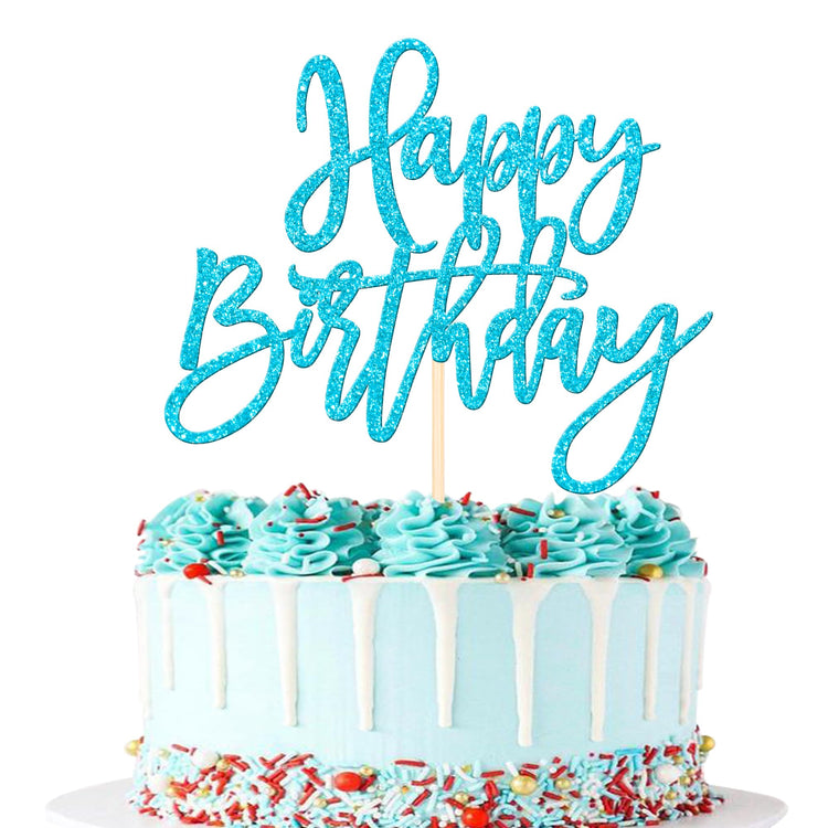 1 PCS Happy Birthday Cake Topper Glitter Happy Birthday Cake Pick for Celebrating Happy Birthday Anniversary Theme Party Cake Decorations Supplies Light Blue