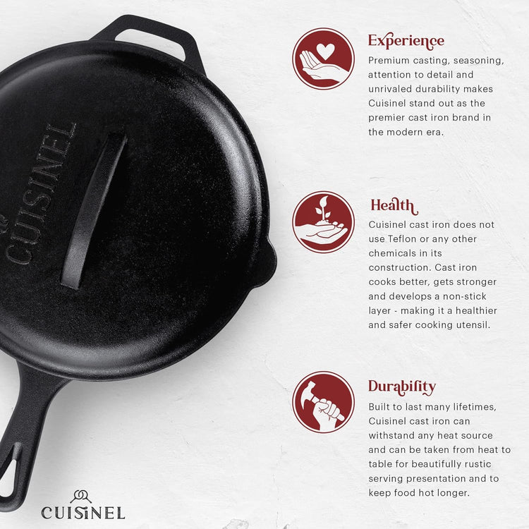 Cuisinel Cast Iron Skillets Set with Lids - 8"+10"+12"-inch Pre-Seasoned Covered Frying Pan Set + Silicone Handle and Lid Holders + Scraper/Cleaner - Use Cookware Indoor/Outdoor, Oven, Stovetop, Fire - Nestoria