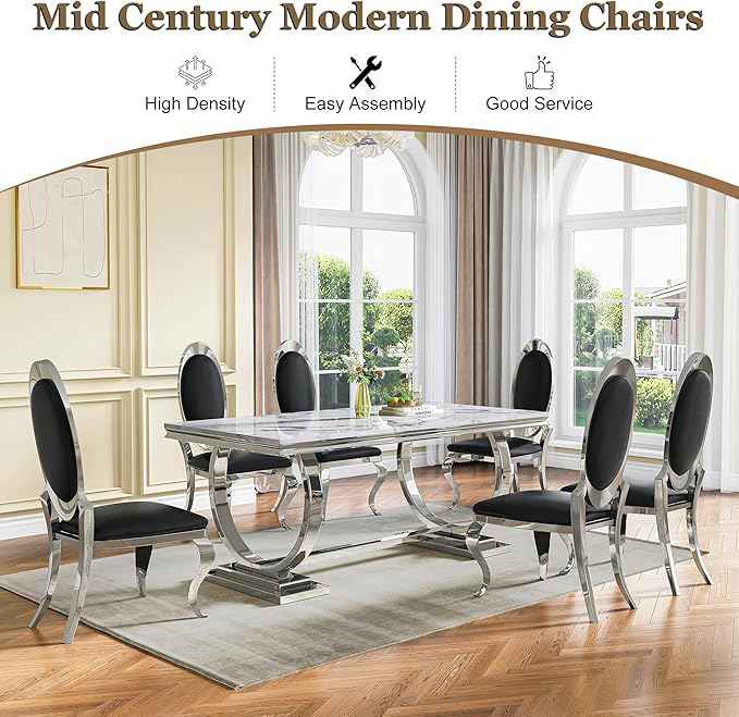 Modern Dining Chairs Set of 6, Luxury Faux Leather Upholstered Armless Dining Room Chair with Mirrored Stainless Steel Silver Legs, Mid Century Accent for Wedding Party Banquet Reception, Black