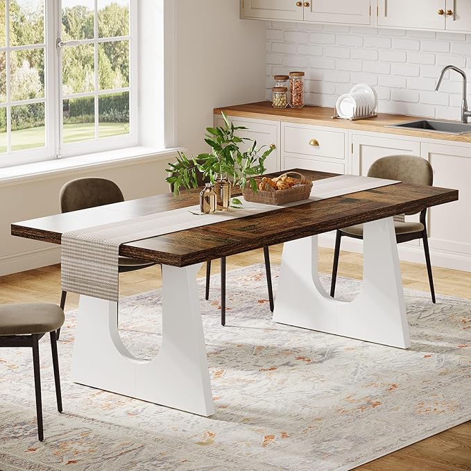 Tribesigns Large Dining Table for 6-8 People, 70.9" Wood Rustic Rectangular Table with White Wooden Legs, Farmhouse Center Kitchen Table for Dining Room, Living Room, Home Furniture (Brown & White)
