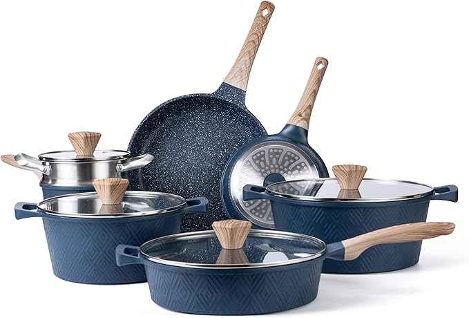 Country Kitchen Non-Stick Cast Aluminum Cookware Set - Durable Kitchen Cookware for Everyday Cooking, Navy, 11 Pc.
