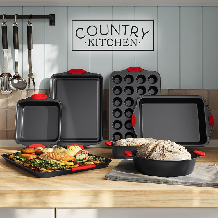Country Kitchen Nonstick Stackable Bakeware Set - Heavy Duty, Durable, Easy Release Baking Set, Red, 10 Pcs