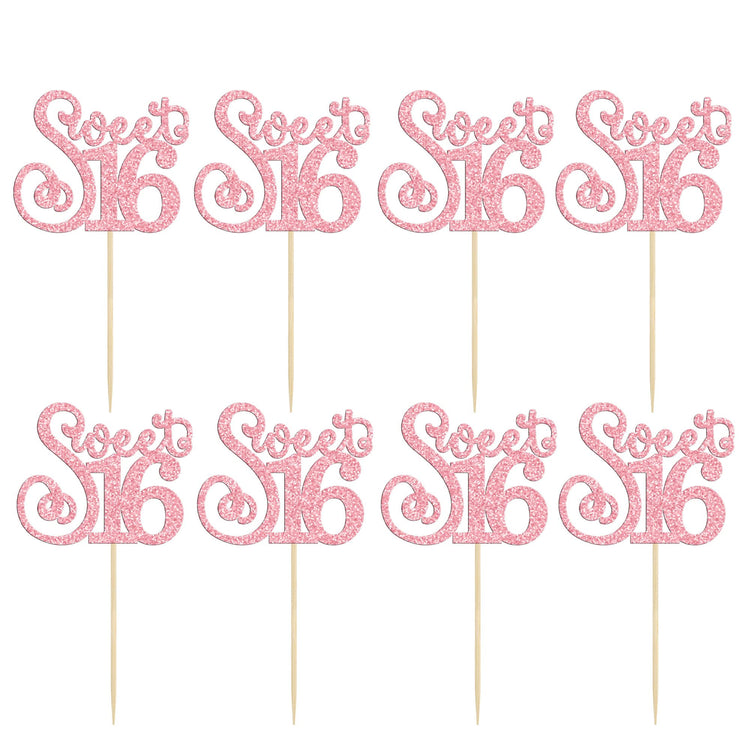 24 Pack Happy Sweet 16 Cupcake Toppers Glitter Sixteen 16th Birthday Cupcake Picks Cheers to 16 Years Old Cupcake Decorations for 16th Birthday Anniversary Party Cake Decorations Supplies Pink (24 Count)