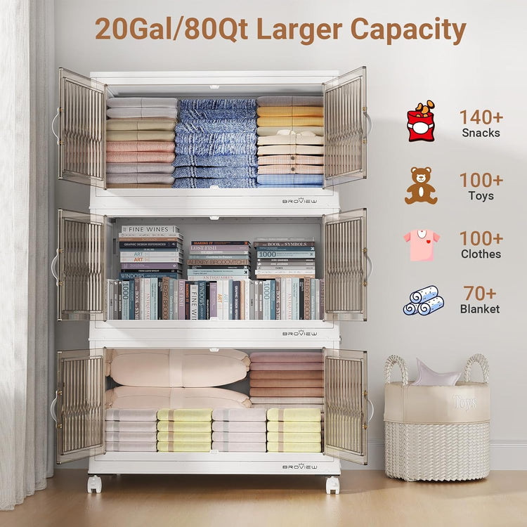 240Qt Stackable Storage Bins with Lid, Extra Large Closet Organizer Collapsible Drawer Boxes with Wheels, Folding Plastic Cabinet Containers for Home Kitchen Room Organization, 3Pack White