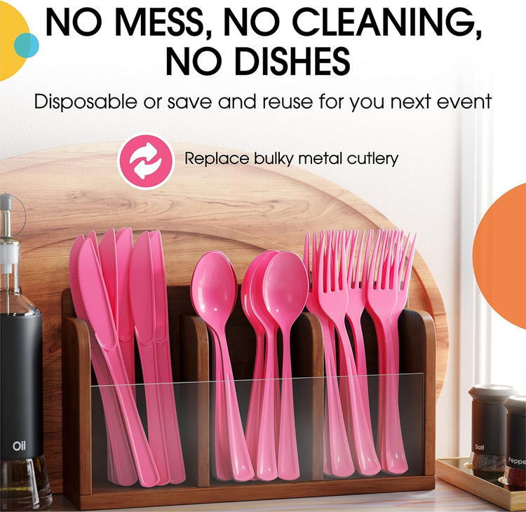 Party Solids Disposable Hot Pink Plastic Spoons 200 Pcs - Heavy Duty Hot Pink Plastic Disposable Cutlery