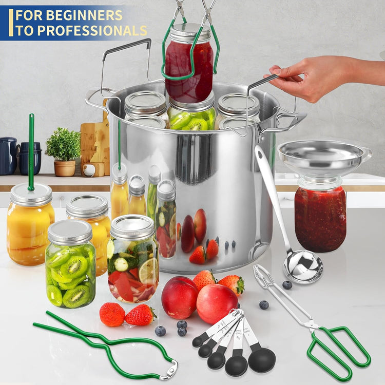 Canning Supplies Starter Kit,Canning Kit for Beginners of 11 with Rack, Jar Lifter,Funnel,Wrench,Tongs,Lid Lifter,Bubble Popper,Labels,ladle,Measuring Spoon-Deep Green