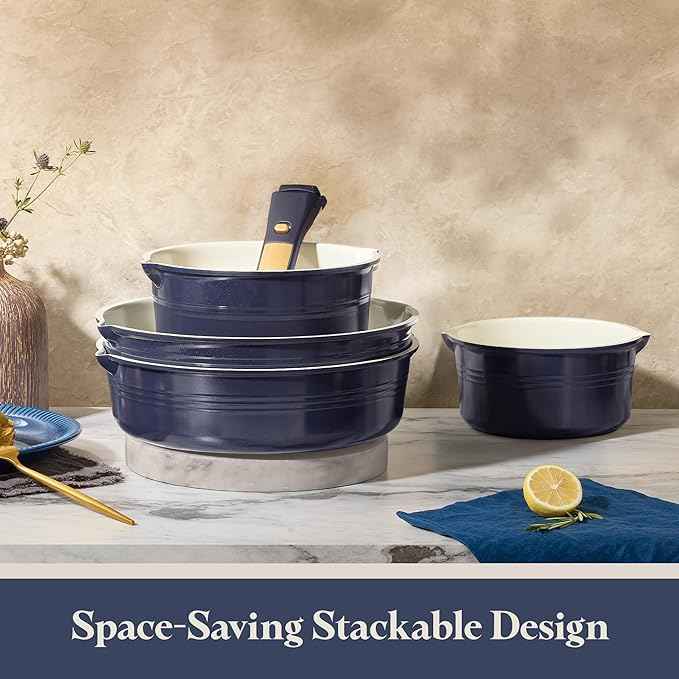 CAROTE 22Pcs Titanium Cookware Set, Pots and Pans Set Non Stick, Kitchen Cooking Set with Detachable Handle, Non Toxic Induction Cookware, Dishwasher/Oven Safe,Blue