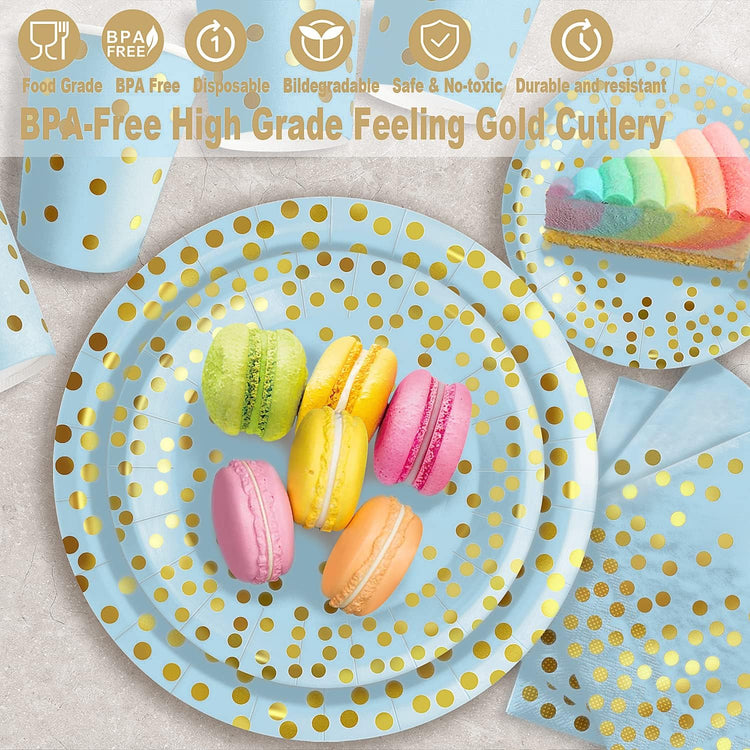 350PCS Blue and Gold Paper Plates Party Decorations Dinnerware Sets for 50 Guests Plastic Forks Knives Spoons, Golden Dot Blue Party Plates Napkins Cups for Birthday Baby Shower Wedding New Year