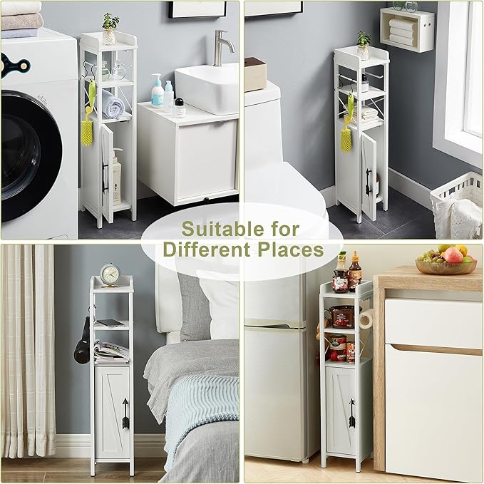 VECELO Small Bathroom Cabinet,Slim Toilet Paper Holder with Door&2 Shelves, Upgraded Narrow Storage Organizer for Restroom Bathroom Tiny Space,Metal Scroll Fenced Top Waterproof Coating,White
