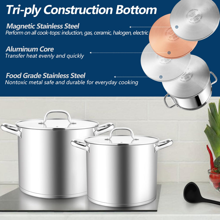 10 Quart Pot Stainless Steel Stock Cooking Pot with Glass Lid for Soup Canning Stewing Simmering