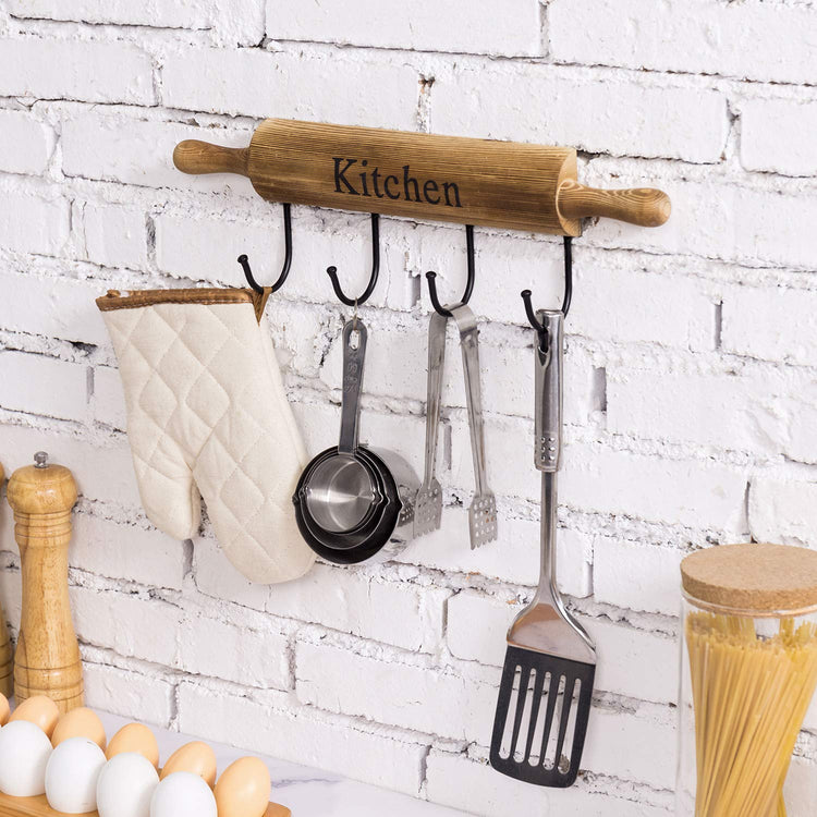 Rustic Burnt Brown Wood Kitchen Hooks for Hanging Cooking Utensils