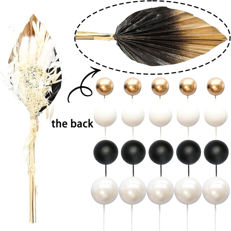 Gyufise 21 Pack Flower Boho Cake Topper Ball Cake Decorations Palm Leaves Plants Cake Decor for Girl Bohemian Princess Theme Wedding Baby Shower Birthday Party Supplies White Gold