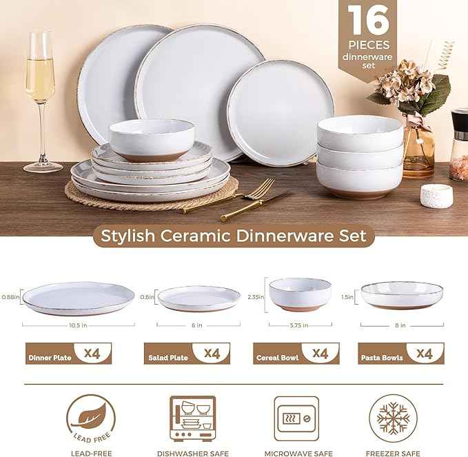 AmorArc Ceramic Dinnerware Sets with Pasta Bowls for 4, Handpainted Plates and Bowls Set with Rustic Terracotta Underside, Scratch Resistant Dishes Set, Dishwasher & Microwave Safe, 16 Pcs-White