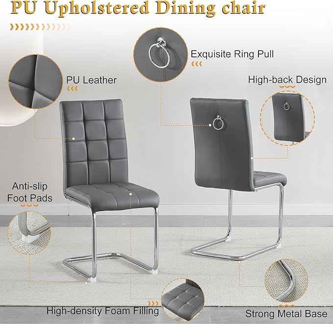 AF ARTISAN FURNITURE 5 Piece Round Glass Dining Table Set, Silver Glass Kitchen Table Set for 4 Modern Table Set with 4 Grey PU Upholstered Dining Chairs, for Small Space, Breakfast Nook