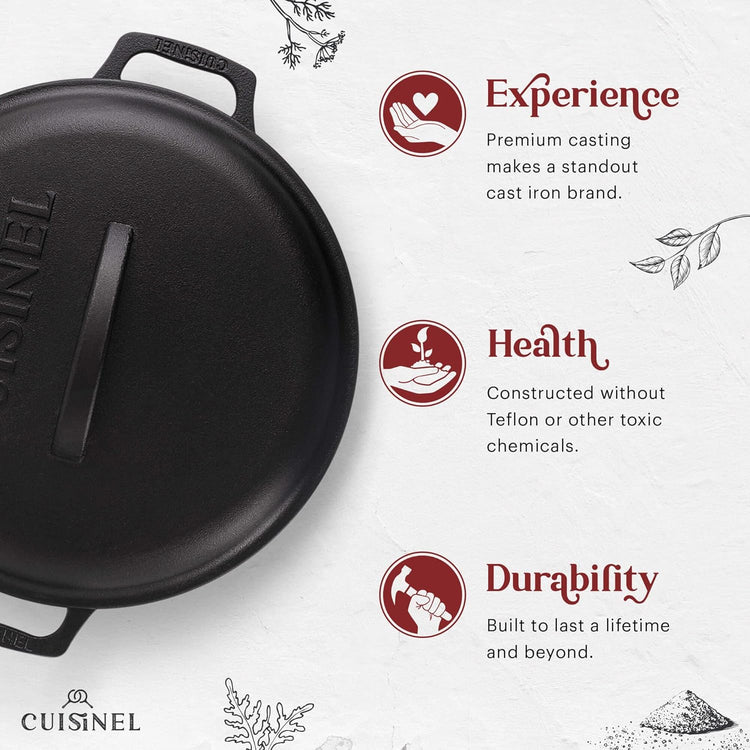 Cuisinel Cast Iron Dutch Oven - 7-Quart Deep Pot + Lid + Pan Scraper + Handle Covers - Large Pre-Seasoned Cooker for Baking Bread, Soup, Frying - Indoor/Outdoor Kitchen, Camping, Fire, BBQ Safe - Nestoria