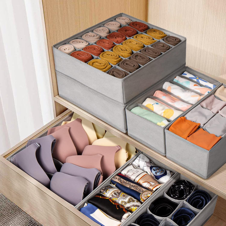 6 Pack Sock Underwear Drawer Organizer Dividers, 58 Cell Foldable Fabric Dresser Closet Organizers and Storage Bins for Clothing, Baby Clothes, Bra, Panty, Scarf, Ties (Grey)