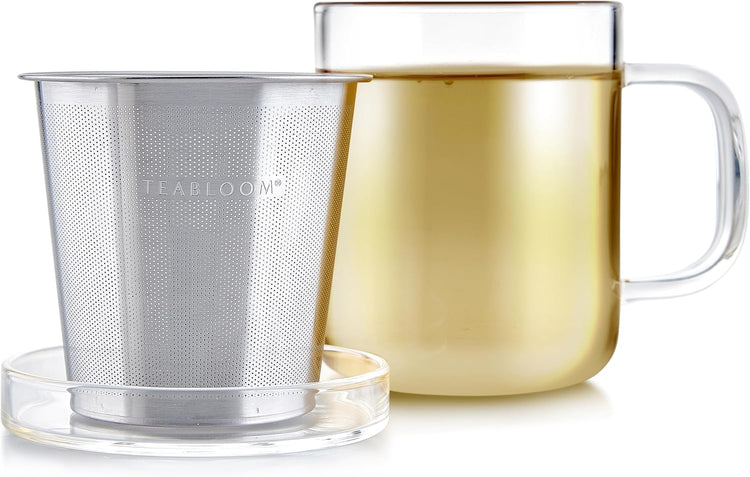 Teabloom Premium Borosilicate Glass Mug with Stainless Steel Loose Leaf Tea Infuser and Lid/Dish - 8 Ounces (240 mL)