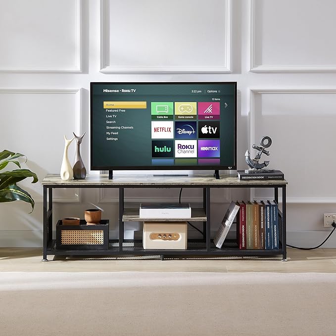VECELO TV Stand with Power Outlets for Televisions up to 65Inch, 55" Media Entertainment Center with Charging Station 3-Tier Open Storage Shelves with Metal Frame for Living Room/Bedroom,Grey