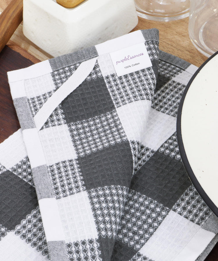100% Cotton Waffle Weave Check Plaid Kitchen Towels