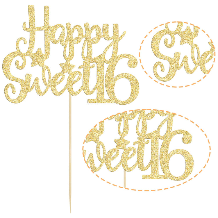 1Pc Happy Sweet 16 Cake Topper Gold Glitter 16th Birthday Cake Topper Sweet 16 Decorations 16th Birthday Decorations