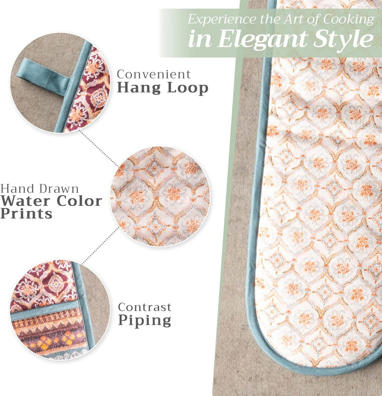 Maison d' Hermine Double Oven Mitt 100% Cotton Heat Resistant Cooking Gloves with Loop, Baking Barbeque, Handling Hot Pan, Fair Isle - Thanksgiving/Christmas (7 Inch x 35 Inch)