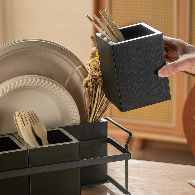 Silverware Caddy Black Wood Utensil Holder Paper Plate Dispenser