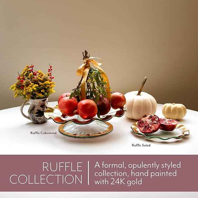 Annieglass Ruffle 14.75 Inch Round Chip and Dip Server with 24k Gold, Timeless Glass Tableware for all Occasions, Made in the USA