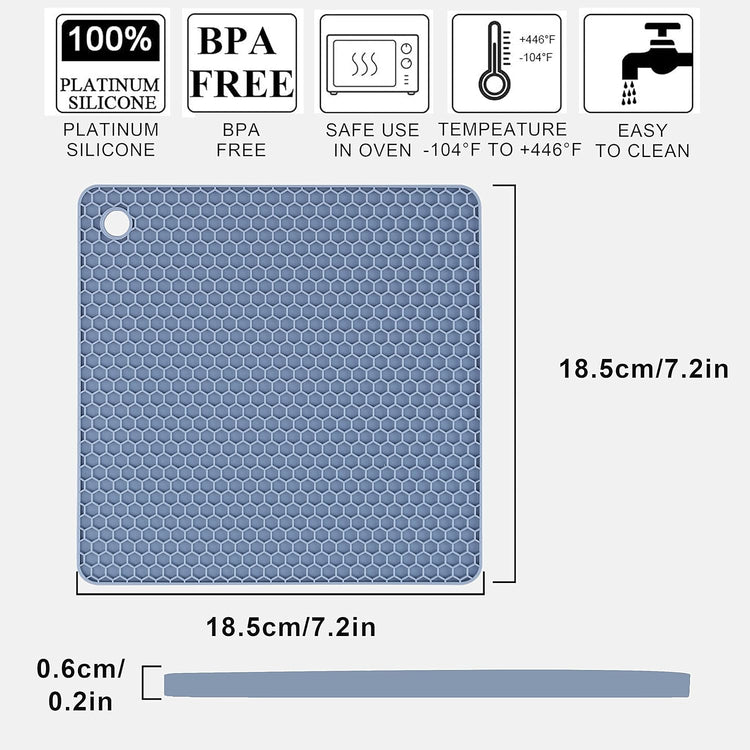 4 Pack Silicone Trivet Mat, Silicone Trivets for Hot Pots and Pans, Non-Slip & Heat Resistant Silicone Hot Pad for Kitchen Counter Mat Set, Soft Drying Mat, Jar Opener and Coasters, Square, Blue