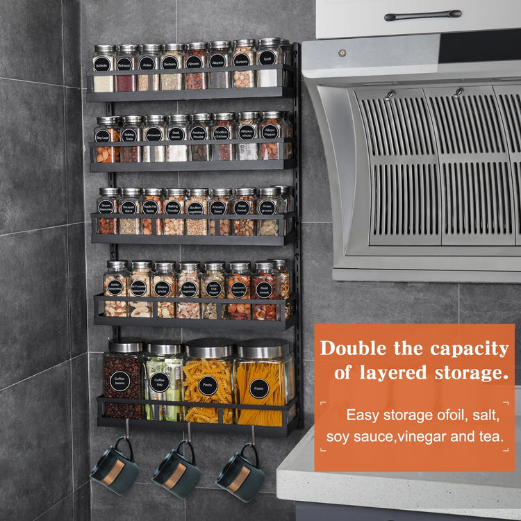 X-cosrack Wall Mount Spice Rack Organizer 5 Tier Height-Adjustable Hanging Spice Shelf Storage for Kitchen Pantry Cabinet, Dual-Use Seasoning Holder Rack with Hooks, Black-Patented