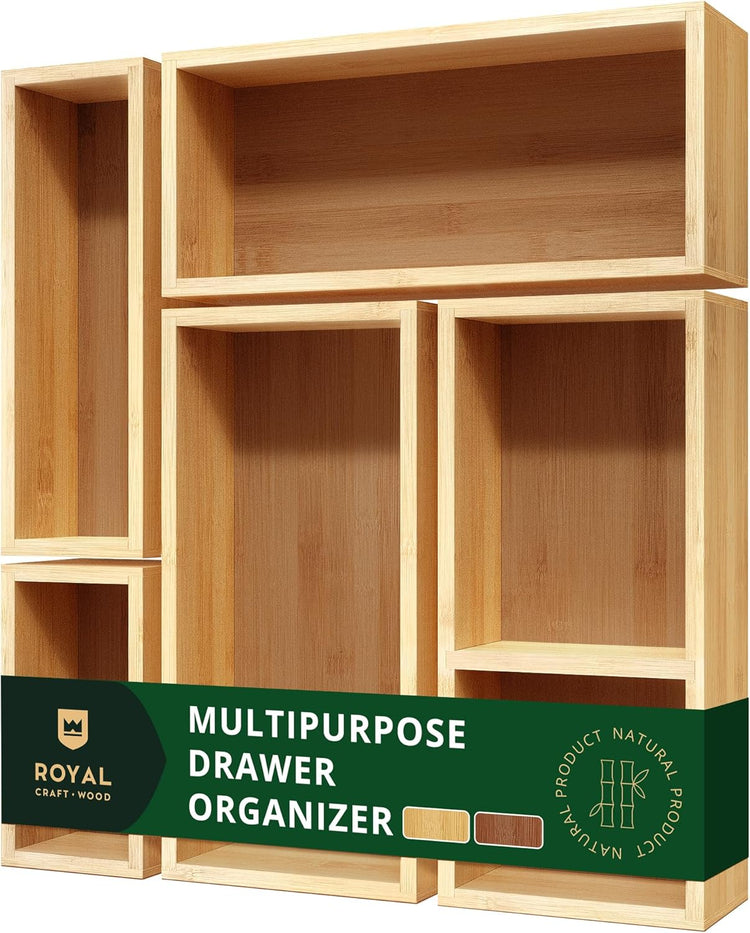 ROYAL CRAFT WOOD 5-Piece Bamboo Drawer Organizer Set โ Multi-Use Storage Trays for Kitchen, Bathroom, Office, Makeup, Jewelry & More โ Junk Drawer Tray, Utensil Holder, Storage Box & Bin Set (5 Boxes)