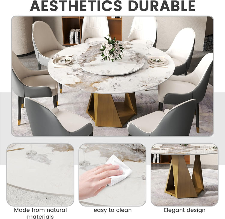 Montary 59" Modern Artificial Marble Round Dining Table with Bronze Iron Metal Base & 31.5" White Sintered Stone Turntable, Dining Room Table with Lazy Susan for 6-8 (Only Table)