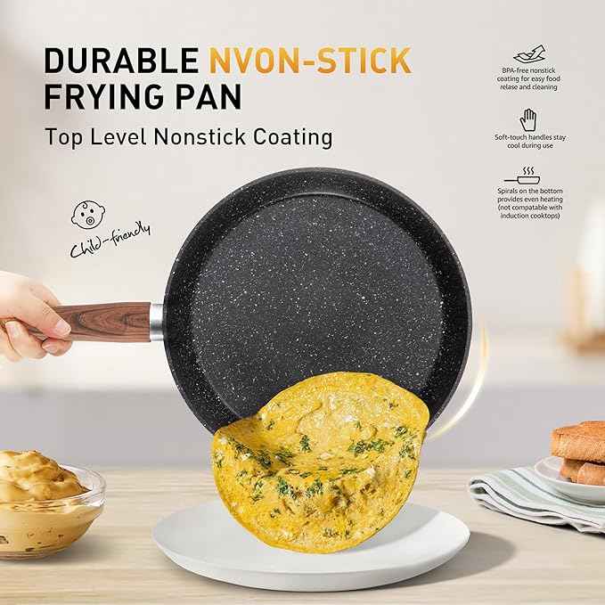 DishDelight 17 Piece Pots and Pans Set Non Stick, Nonstick Induction Granite Kitchen Cookware Set, Non Toxic Cookware Set with Frying Pans and Saucepan, Cooking Sets Pots and Pans, Black
