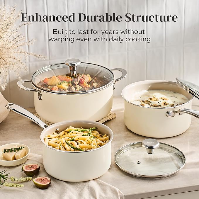 Redchef Cooking Pot Set Induction 5Qt, Saucepan Set 2.5/3.5Qt Nonstick Ceramic Cookware Set, Compatible All Cooktops, Even Heat, Stay-Cool Handles, Oven/Dishwasher Safe, PTFE PFAS Free (Beige)