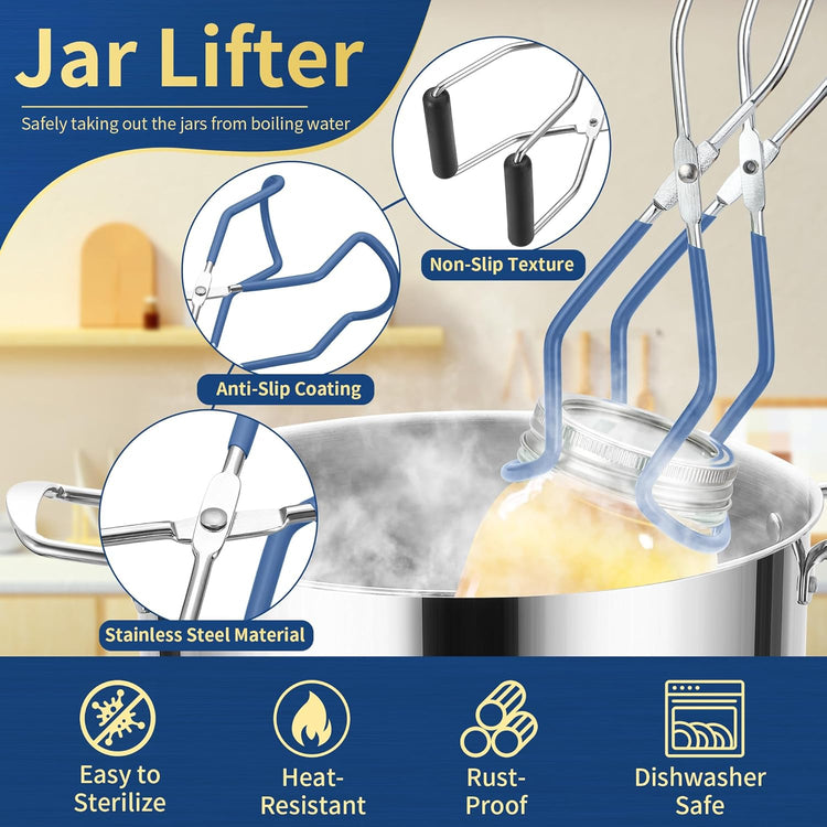 Canning Supplies Starter Kit,Canning Kit for Beginners of 12 with Rack,Silicone Oven Gloves,Jar Lifter,Funnel,Wrench,Tongs,Lid Lifter,Bubble Popper,Labels,ladle,Measuring spoon-G12-Blue
