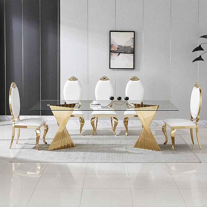 94" Modern Glass Gold Dining Table for 8-10, Luxury Kitchen Table with Tempered Glass Top & Mirror Finish Stainless Steel Base, Large Dinner Pedestal Tables for Home Banquet Hall Room, Only Table