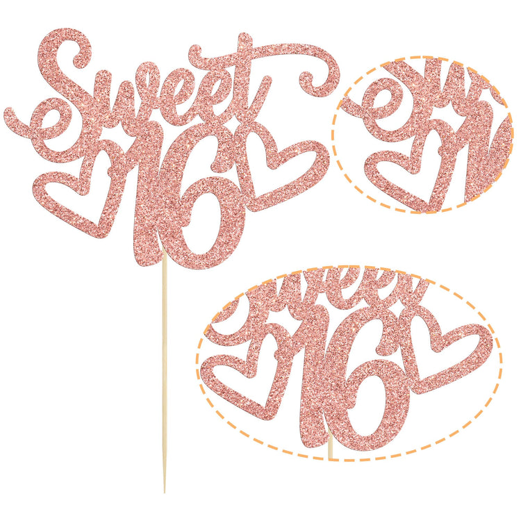 1Pc Sweet Teenager 16 Cake Topper Glitter 16th Birthday Cake Pick for Cheers to 16 Years Old 16th Birthday Party Cake Decorations Supplies Rose Gold