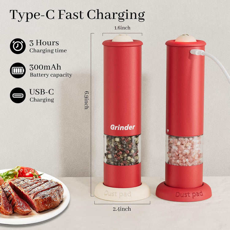 Electric Salt and Pepper Grinder Set, USB Rechargeable Adjustable Coarseness Automatic Salt Pepper Mill Shakers/Grinder Kitchen Spice Mill for Outdoor, Home Chefs Idea for New House Warming Gifts 