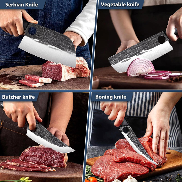 TIVOLI Professional Butcher Knife Set for Meat Processing, 7Pcs High Carbon Steel Hand Forged BBQ Knife Sets, Serbian Chef Knife Set with Ergonomic Handle for Kitchen Outdoor Cooking Father's Day Gift