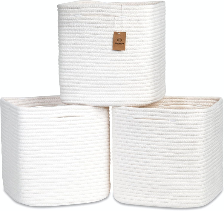 NaturalCozy 13 Inch Cube Storage Bins Cotton Rope Woven Baskets for Organizing 3-Pack | 13 x 13 Storage Cubes | Fabric Square Storage Baskets for Shelves Organizer, Kids Toy Bins, Closet Baby Nursery