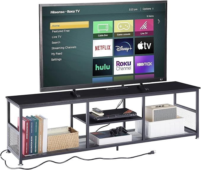 VECELO TV Stand with Power Outlets for Televisions up to 75Inch, 62" Media Entertainment Center with Charging Station 3-Tier Open Storage Shelves with Metal Frame for Living Room/Bedroom,Black