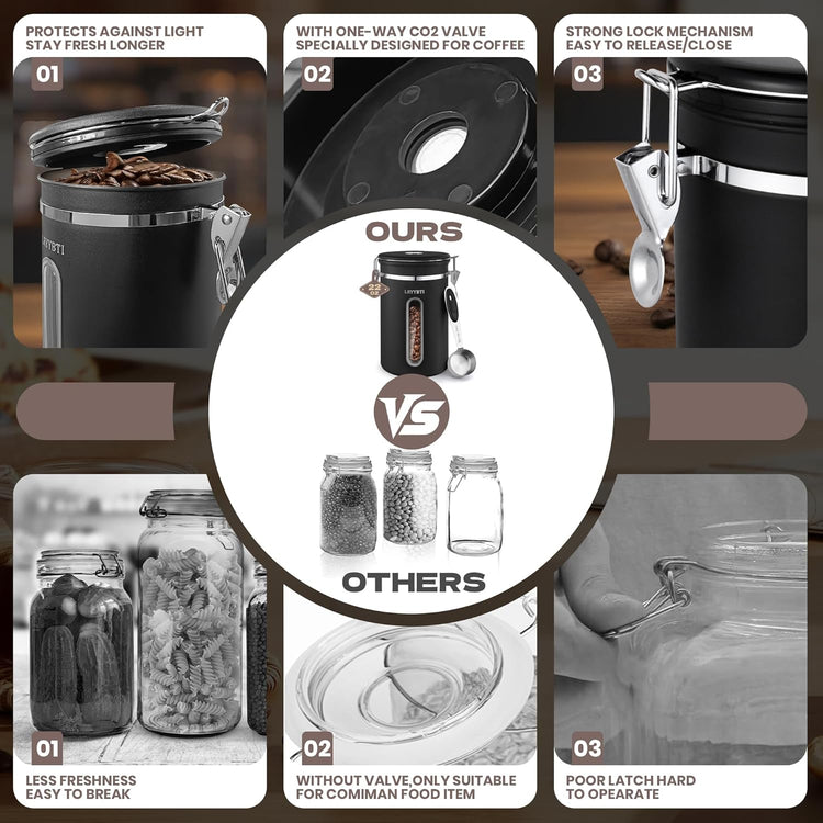 Coffee Canisters with Window,Scoop and Airtight Lid Stainless Steel Kitchen Bean Storage Grounds Container(22OZ/Black)Date Tracker and Scoop for Grounds Coffee Bar Accessories Beans, Cereal, Sugar