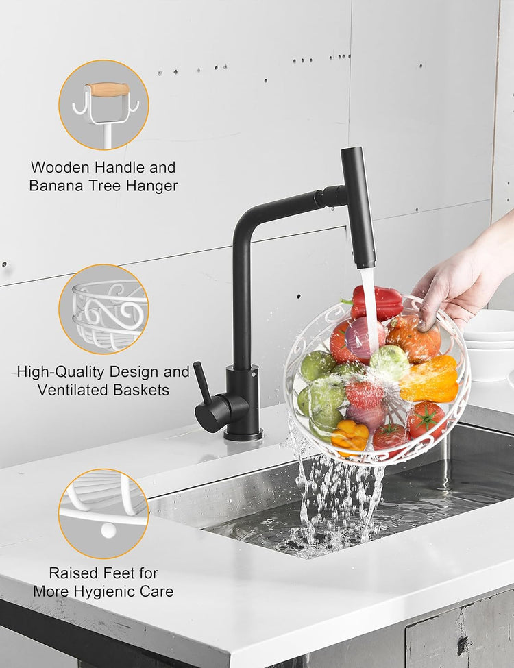 2-Tier ๐
๐ซ๐ฎ๐ข๐ญ ๐๐๐ฌ๐ค๐๐ญ and Fruit Bowl - Fruit and Vegetable Storage with Banana Tree Hanger and Wood Handle, Fruit Basket for Kitchen Counter, for Bread Onions Potatoes Veggies Produce