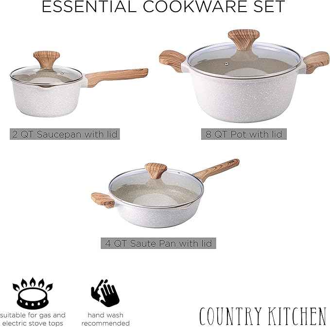 Country Kitchen Non-Stick Cast Aluminum Cookware Set - Durable Kitchen Cookware for Everyday Cooking, Speckled Cream, 6 Pc.