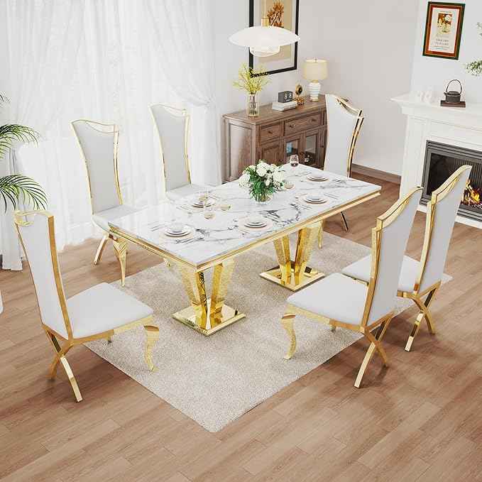 AF ARTISAN FURNITURE 7 Piece Luxury Dining Room Set, Modern Dining Table and Upholstered Chairs Set, Marble Kitchen Table Set for 6, Big Kitchen Dinner Tables Kit with Silver Base