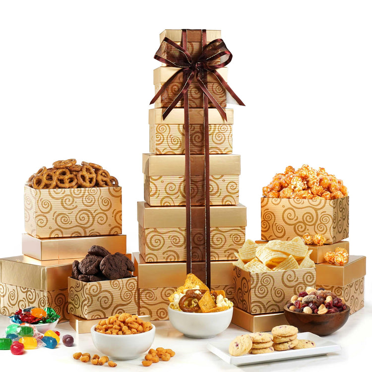 Glittering Gold Gift Tower with Cookies Snacks & Treats (64 Ounce)