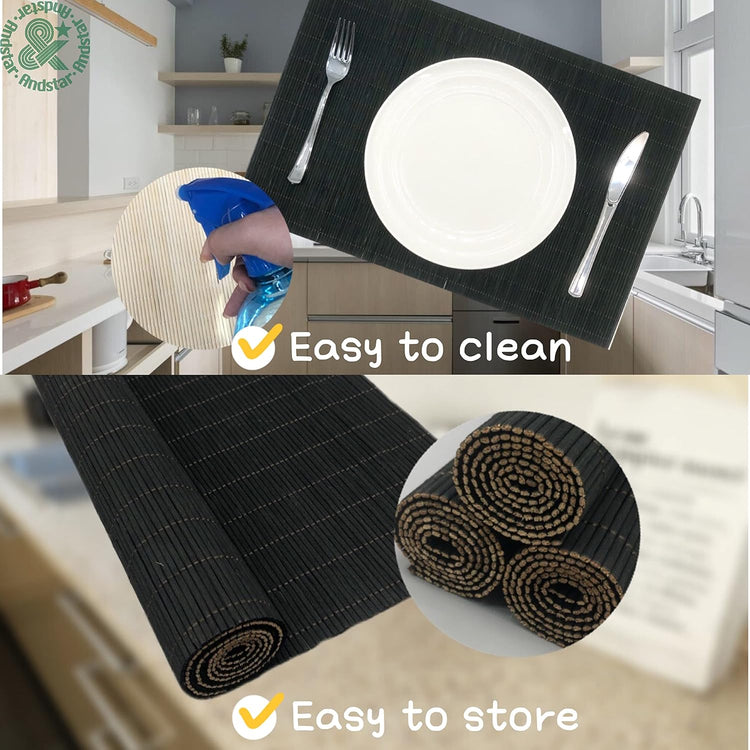 ANDSTAR Set of 8 Pcs Bamboo Placemats Sushi Rolling Mat Japanese Style Natural Anti-Slip Bamboo Placemats Washable Heat-Resistant Table Mats for Dining Room and Kitchen(Black)