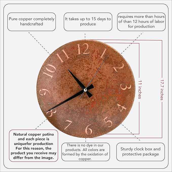 Handmade Pure Copper Wall Clock for Home Decoration, Decor Clock for Living Room, Bedroom and Kitchen, Rustic Decorative Mural Clock Art for Farmhouse (Rusty Numbers, 17.7)