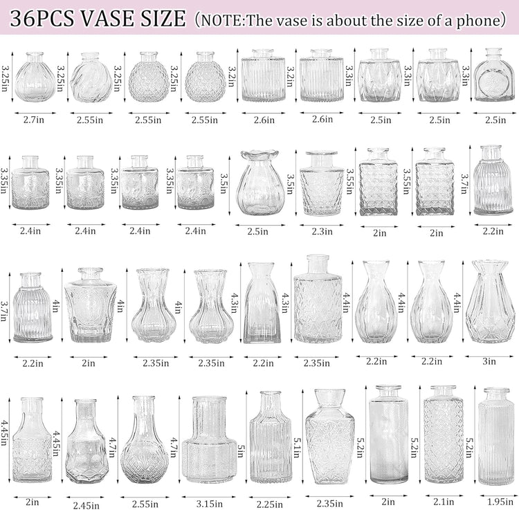 36Pcs Bud Vases Set Small Vintage Glass Bottles Clear Bud Vases in Bulk Multiple Shape Cute Glass Vases for Rustic Wedding Centerpieces Table Decorations and Home Decor(Clear)